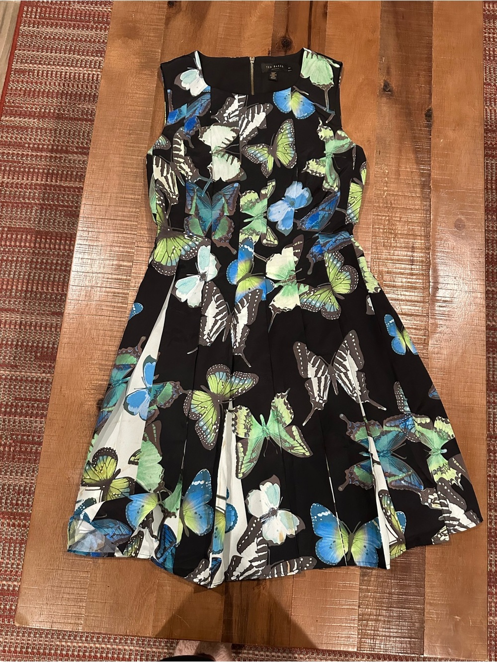 Ted Baker Black Sleeveless Dress with Blue & Green Butterfly Print